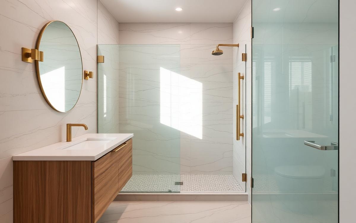 Finished walk-in shower remodel with limestone tile and brass fixtures